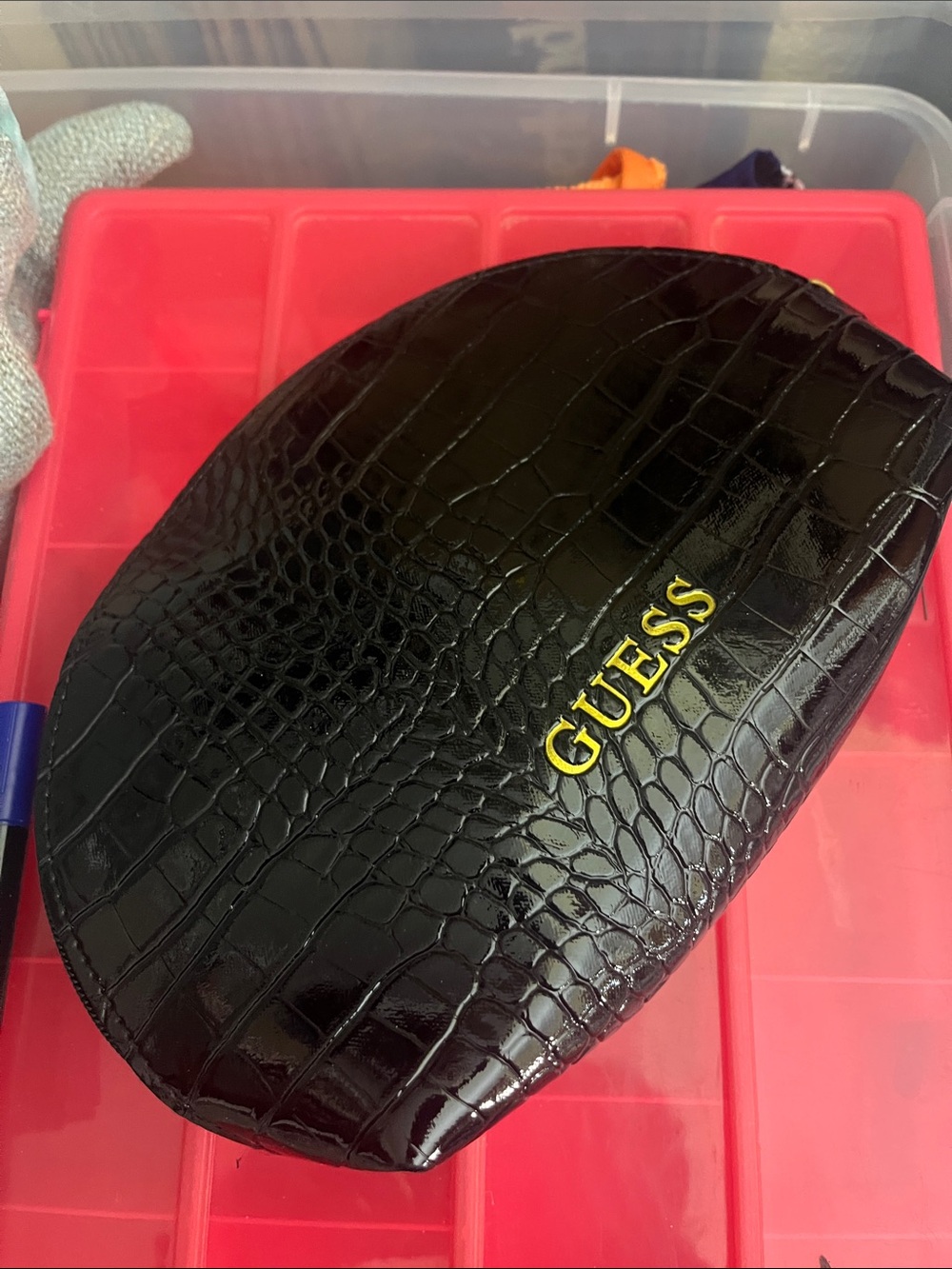 GUESS Black Croc-Embossed Men's Accessory Pouch with Gold Logo c23